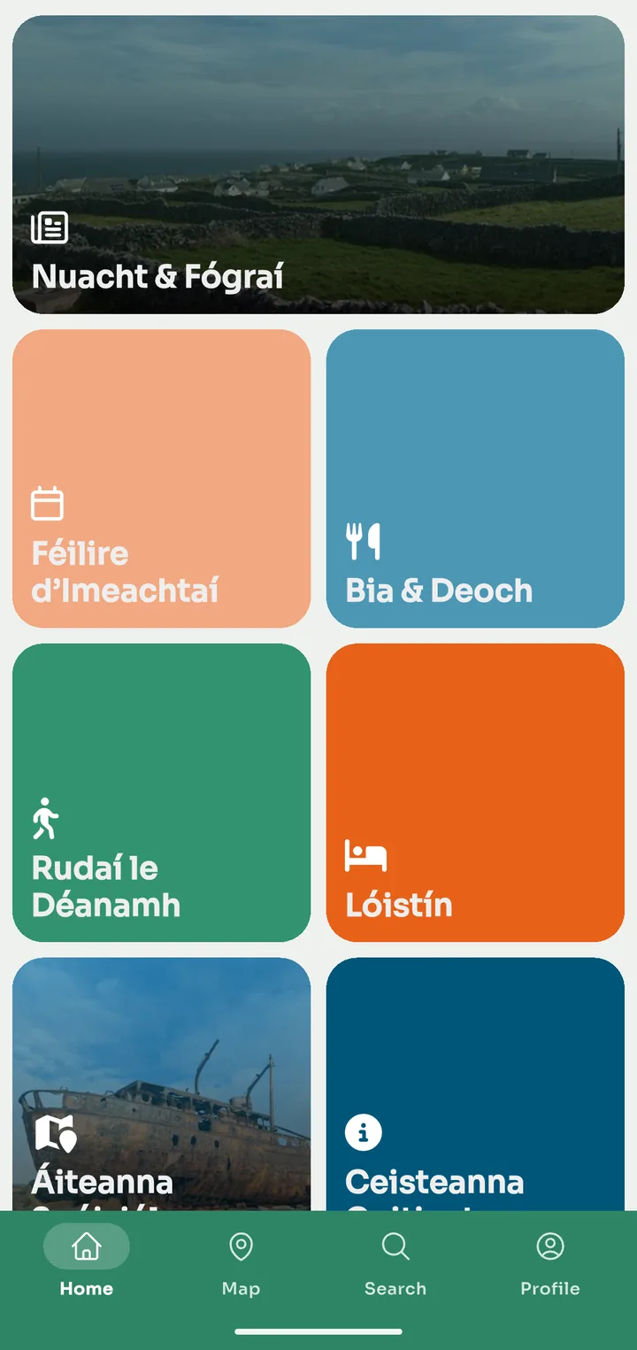 The Inis Oírr Beo app home screen