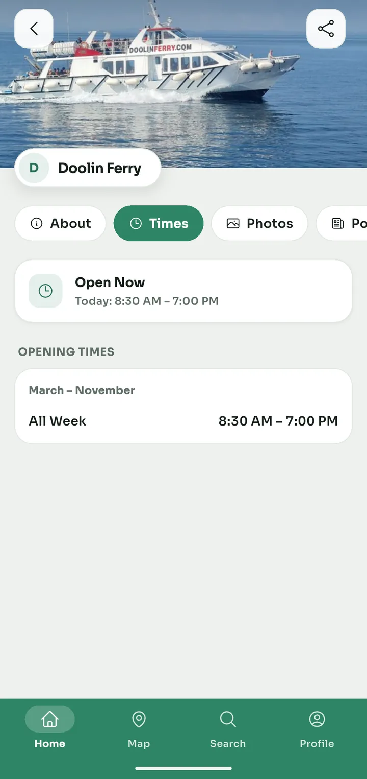 Doolin Ferry opening times: open now, March to November, all week, 8:30 AM to 7:00 PM